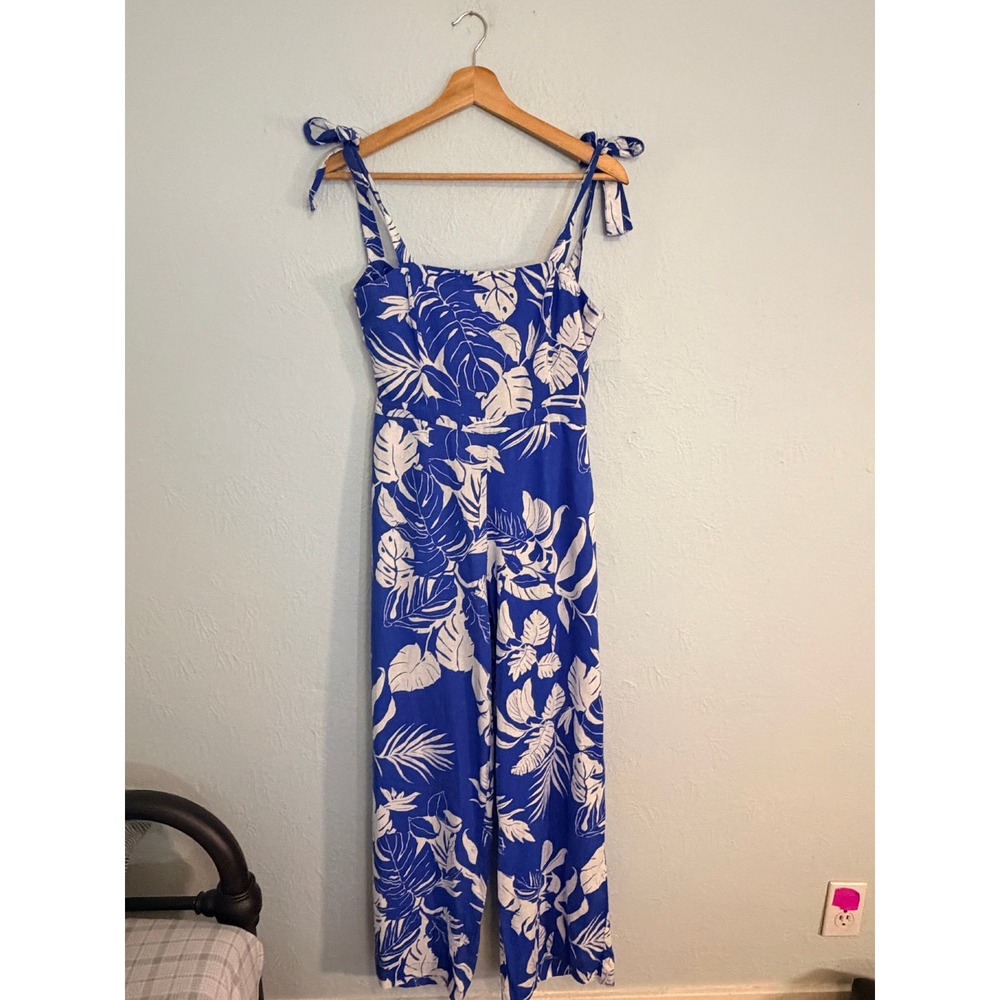 Panama Jack Jumpsuit XS Blue White Tropical Tie Strap Cutout Back Boho Cruise